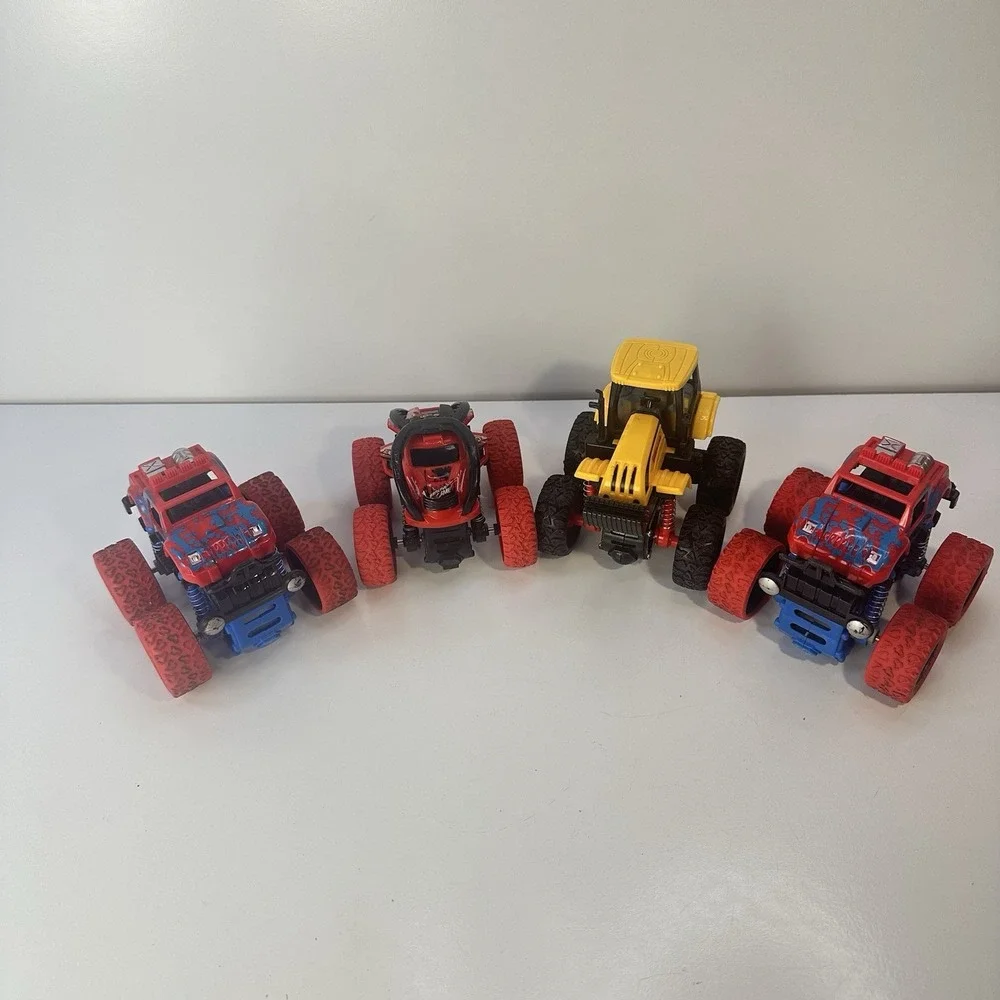 Lot of 4 Friction Propel Cars Push 'n Go Jeep Monster Truck Yellow Tractor Racer